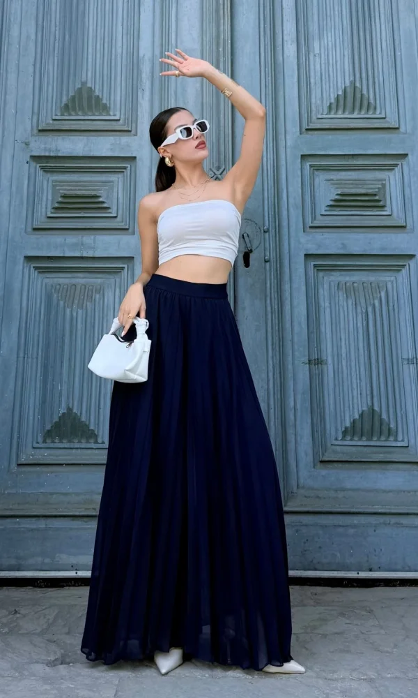 Beli Lastikli Pliseli Şifon Pantolon 6030-Lacivert