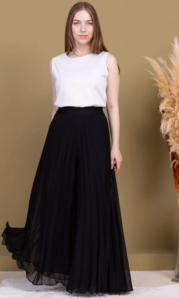Beli Lastikli Pliseli Şifon Pantolon 6030-Siyah