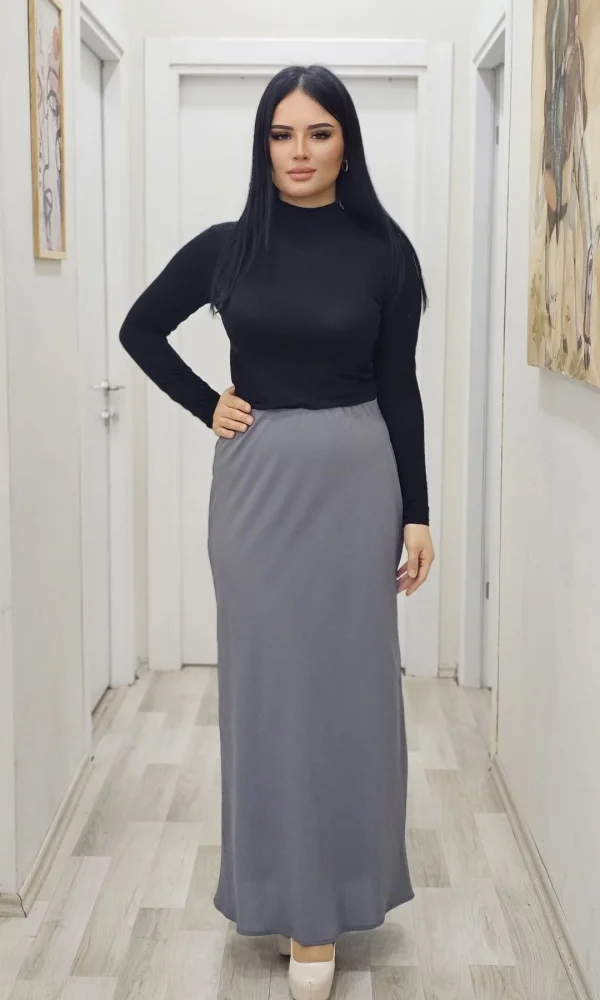 Beli Lastikli Verev Kesim Büyük Beden Etek 6006-Gri