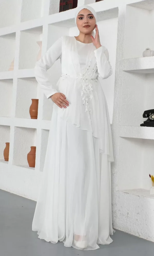 Boncuk Detaylı Tesettür Abiye Elbise 759-Beyaz