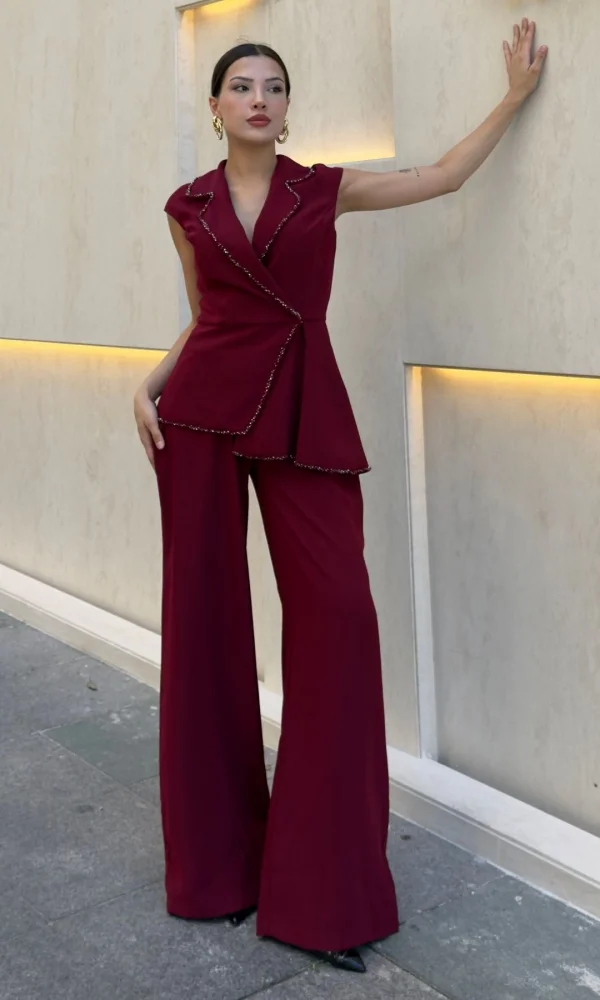 Boncuk İşleme Detaylı Asimetrik Abiye Takım 2388-Bordo