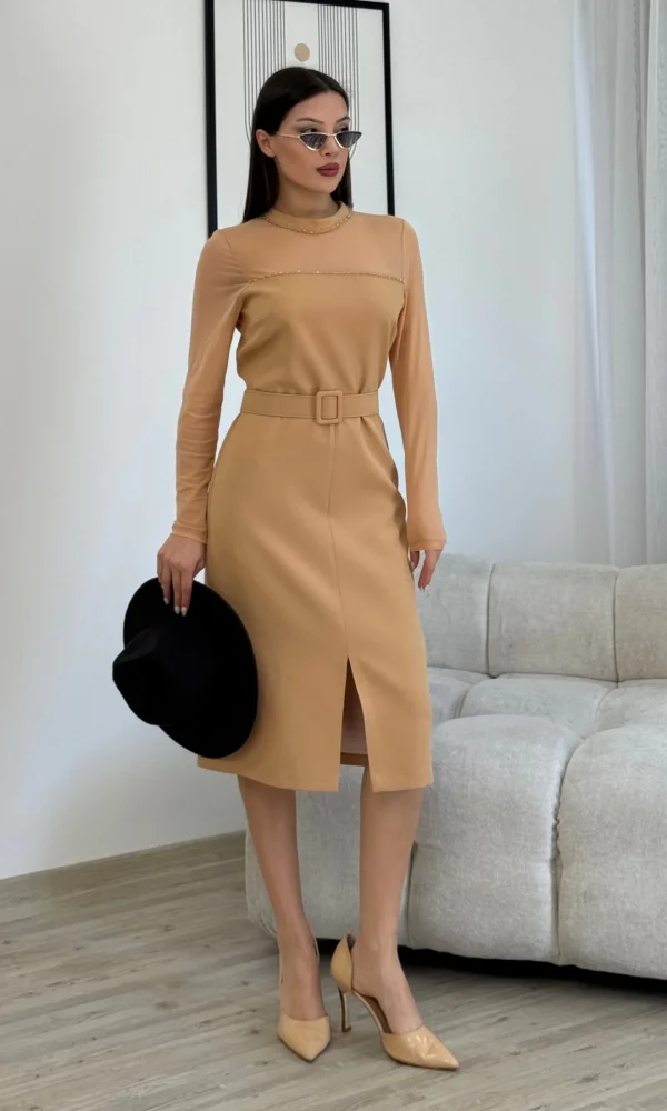 Boncuk İşlemeli Kemerli Abiye Elbise 6013-Camel