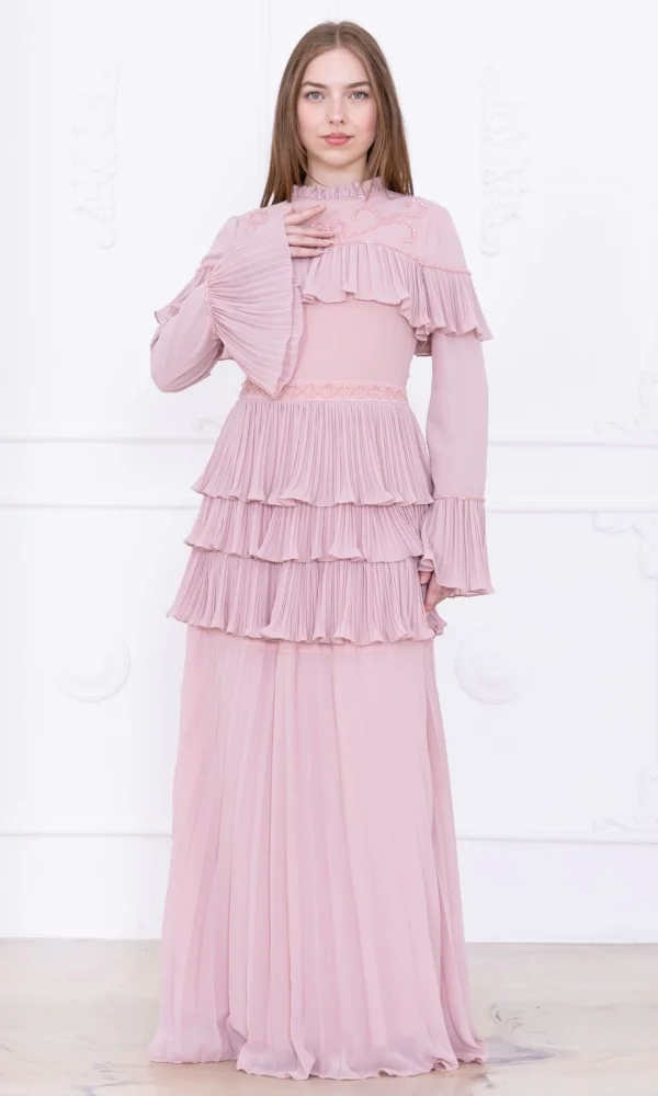 Boncuk İşlemeli ve Pliseli Kat Kat Abiye Elbise 2749-Pudra