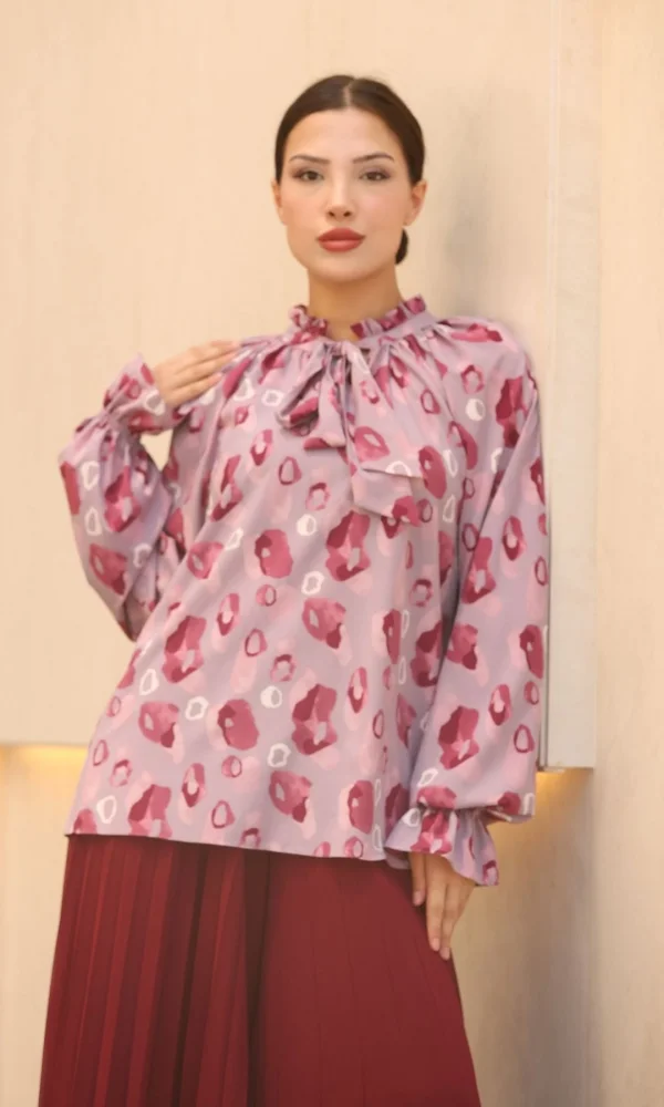 Bağlama Detaylı Büzgülü Bluz 6028-Lila/Bordo