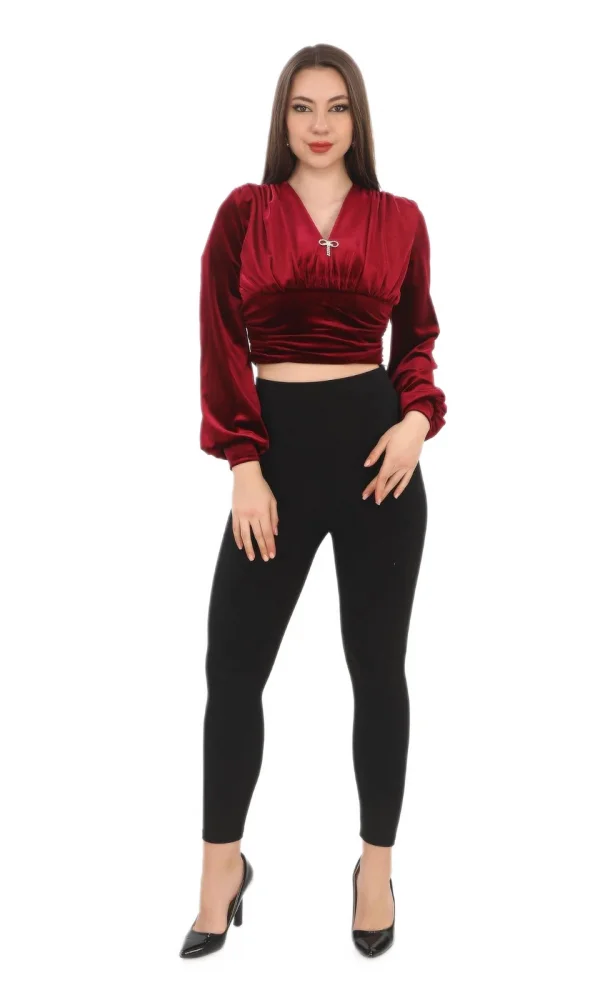 Broş Detaylı Kadife Crop 6007-Bordo