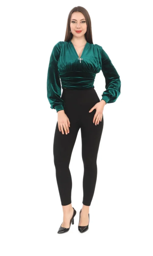 Broş Detaylı Kadife Crop 6007-Zümrüt Yeşili