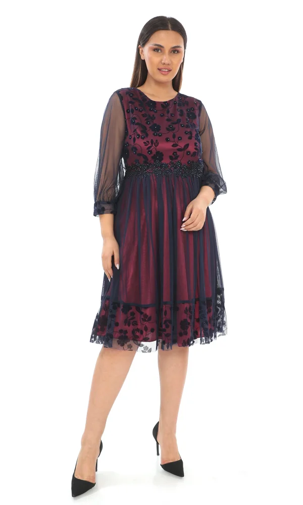 Büzgü Detaylı İnci Ve Taş Süslemeli Tül Büyük Beden Elbise 1625-BORDO