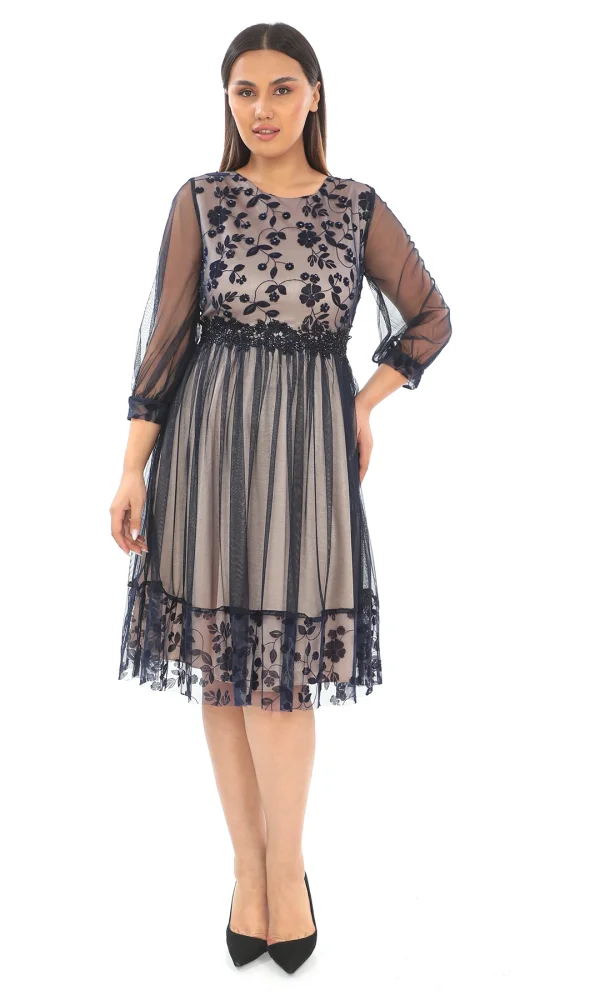 Büzgü Detaylı İnci Ve Taş Süslemeli Tül Büyük Beden Elbise 1625-LACİVERT