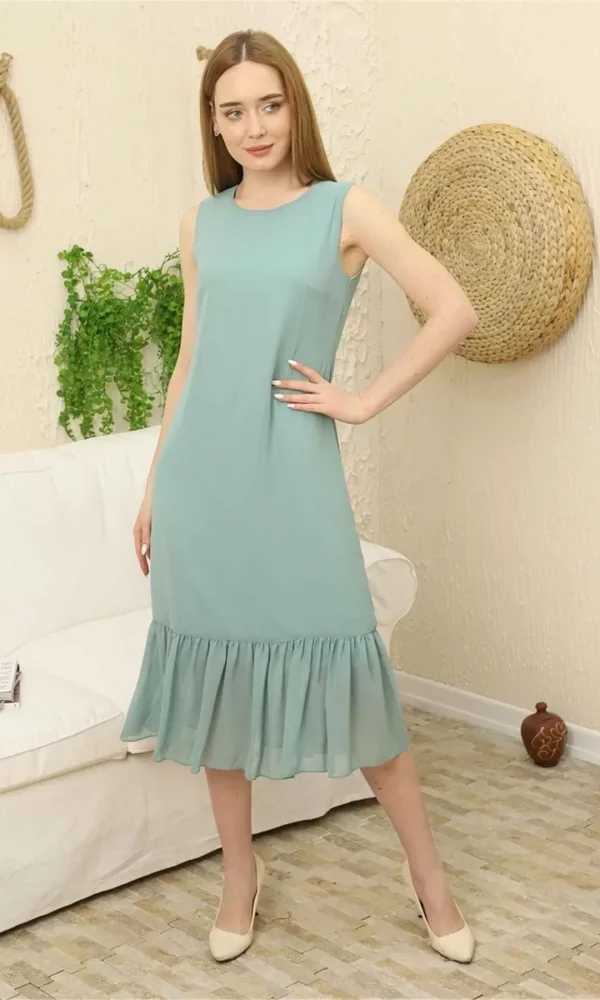 Büzgü Detaylı Şifon Elbise 1755-Çağla Yeşili