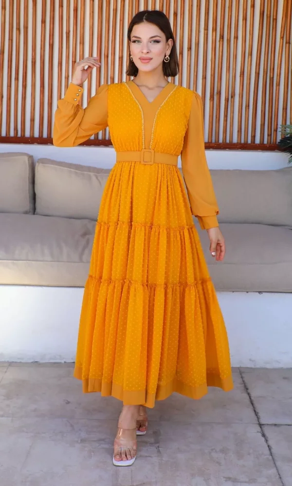 Büzgü Detaylı V Yaka Elbise 2210-Hardal