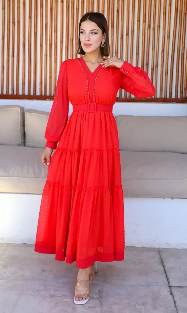 Büzgü Detaylı V Yaka Elbise 2210-Narçiçeği