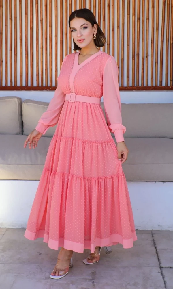 Büzgü Detaylı V Yaka Elbise 2210-Pudra