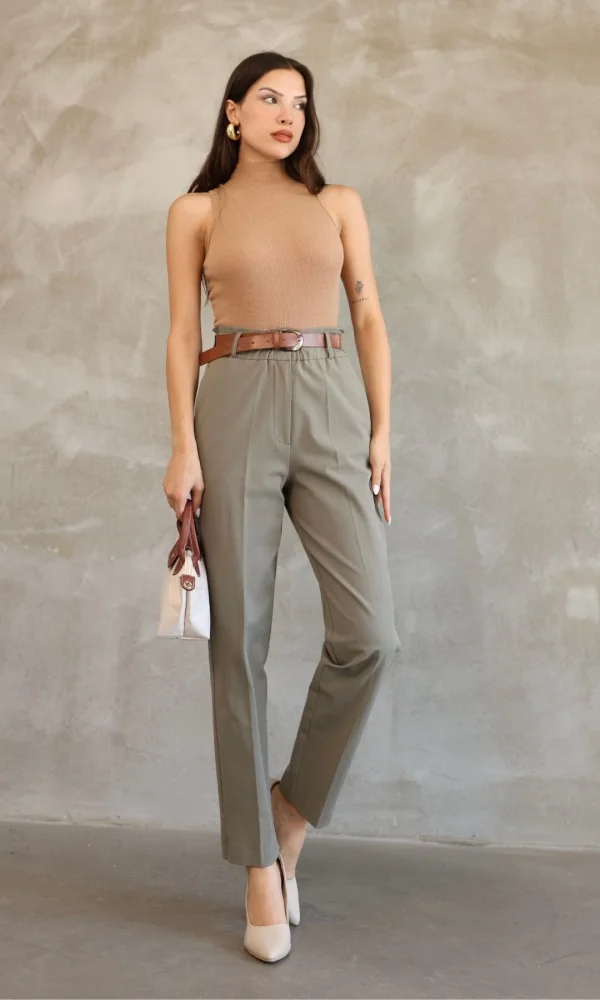 Cep Detaylı Beli Lastikli Gabardin Kumaş Pantolon 6019-Haki