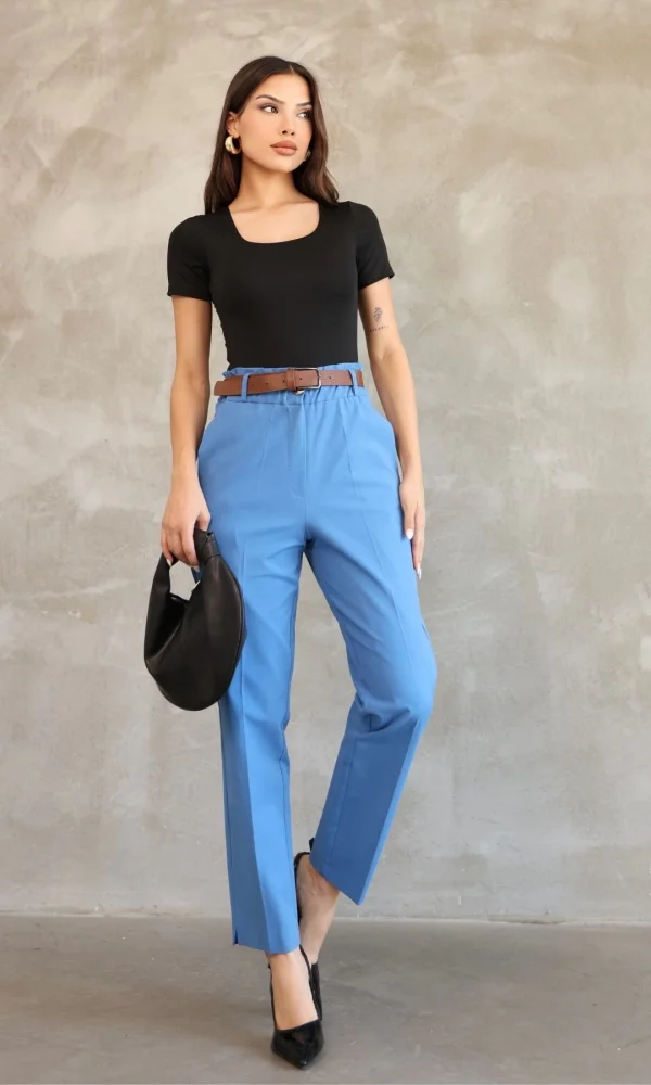 Cep Detaylı Beli Lastikli Gabardin Kumaş Pantolon 6019-İndigo