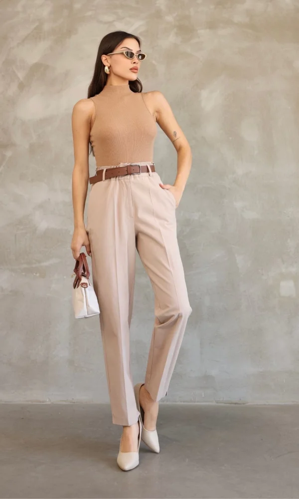 Cep Detaylı Beli Lastikli Gabardin Kumaş Pantolon 6019-Vizon