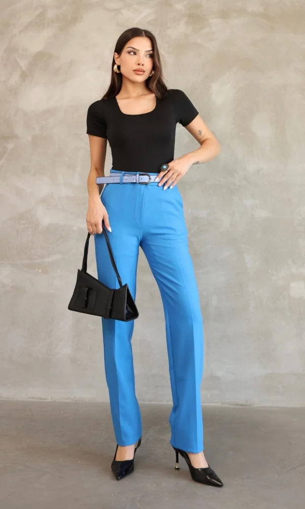 Cep Detaylı Beli Lastikli Kemerli Kumaş Pantolon 6157-İndigo