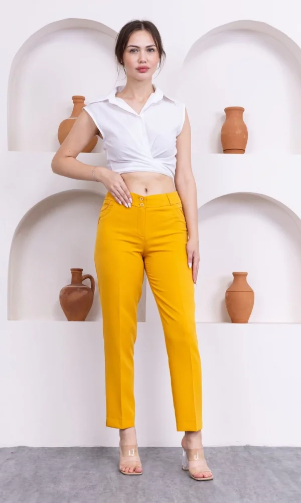 Cep Detaylı Bilek Boy Kadın Kumaş Pantolon 0101-Sarı
