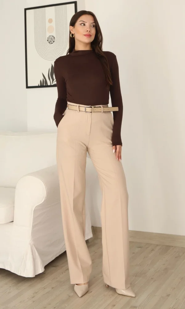 Cep Detaylı Kemerli Kumaş Pantolon 6156-Bej