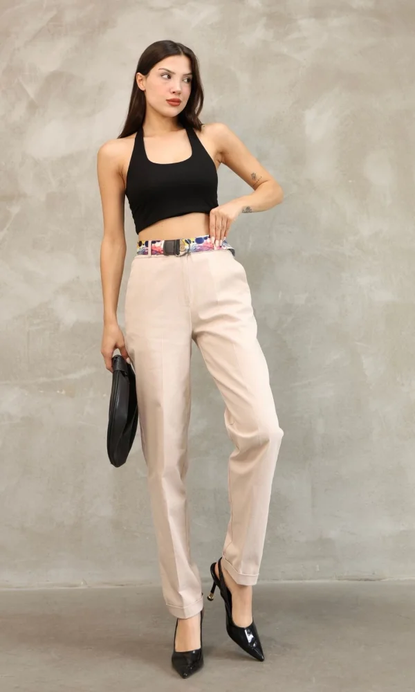 Cep Detaylı Kemerli Pamuklu Kumaş Pantolon 6174-Vizon