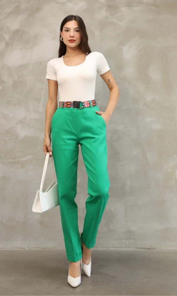 Cep Detaylı Kemerli Pamuklu Kumaş Pantolon 6174-Yeşil