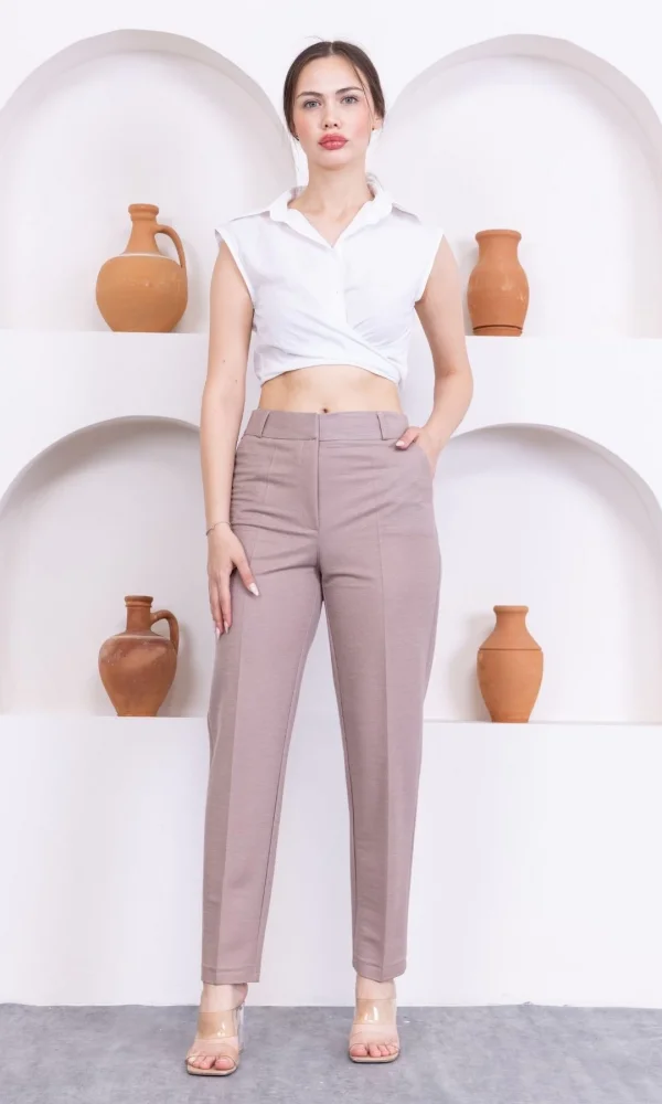 Cep Detaylı Örme Kumaş Kadın Pantolon 0040-Vizon