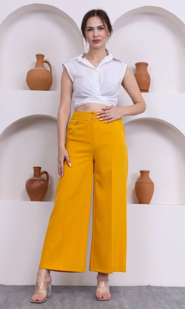 Cep Detaylı Palazzo Pantolon 301-Sarı