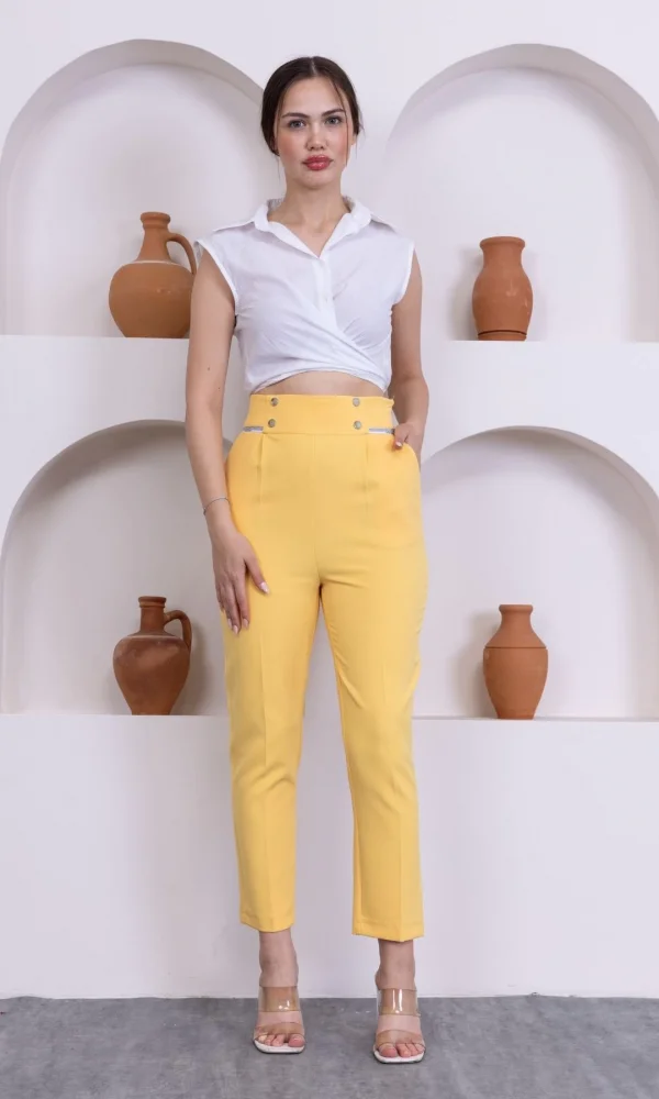 Cep Detaylı Yüksek Bel Kadın Pantolon 329-Sarı