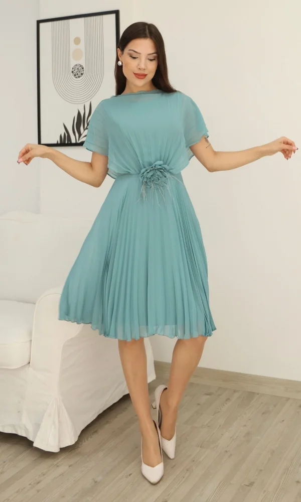 Çiçek Detaylı Piliseli Elbise 2378-Çağla Yeşili