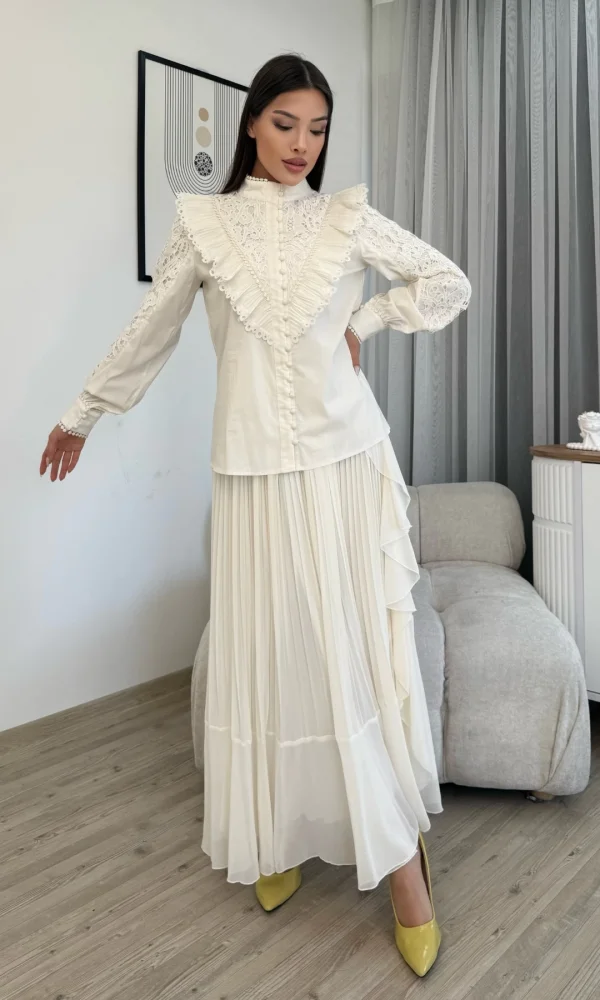 Dantel Detaylı Bluz Pliseli Şifon Etek İkili Takım 4706-Beyaz