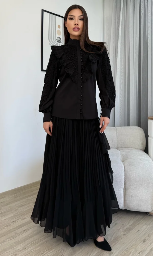 Dantel Detaylı Bluz Pliseli Şifon Etek İkili Takım 4706-Siyah