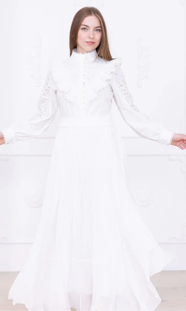 Dantel Detaylı Piliseli Elbise 2727-Beyaz