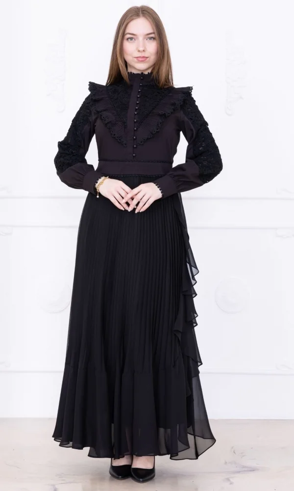 Dantel Detaylı Piliseli Elbise 2727-Siyah