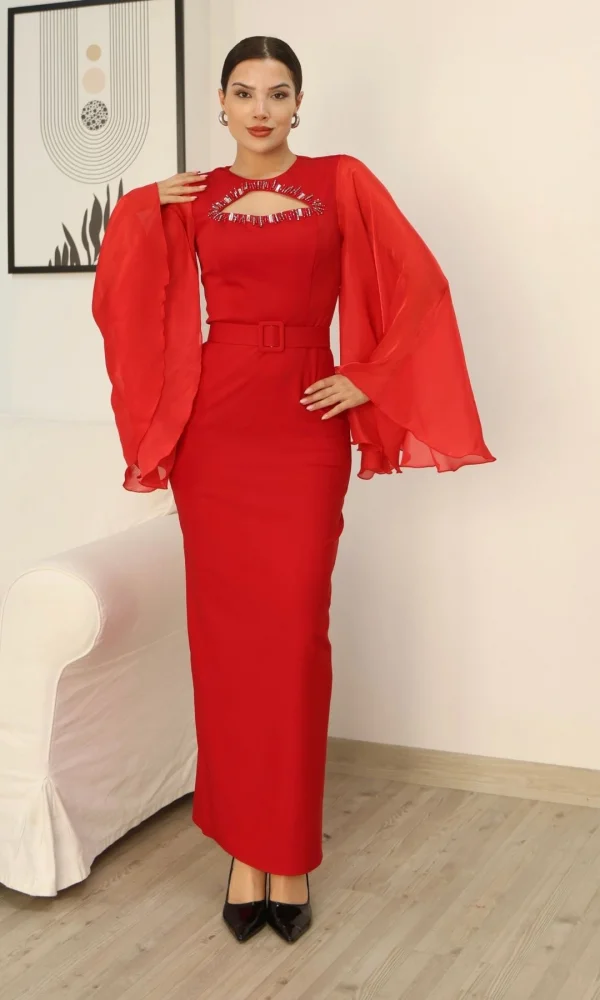 Dekoltesi İşlemeli Pelerinli Kol Abiye Elbise 2349-Kırmızı