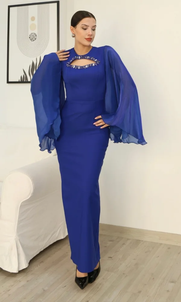 Dekoltesi İşlemeli Pelerinli Kol Abiye Elbise 2349-Saks