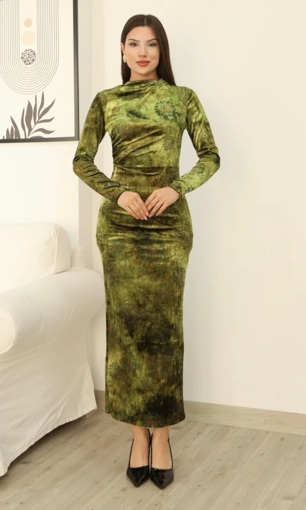 Desenli Büzgü Detaylı Premium Kadife Elbise 6063-Yeşil