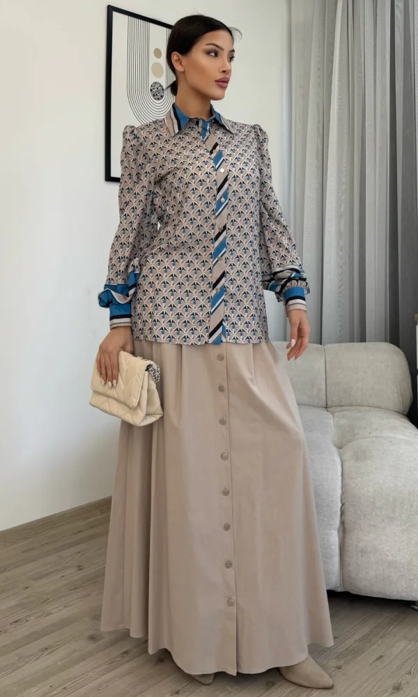 Desenli Gömlek Etek İkili Takım 4701-Bej