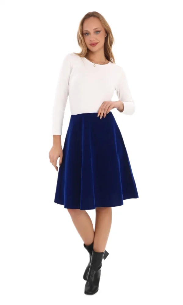 Diz Boyu Kalın Kadife Etek 6009-Saks