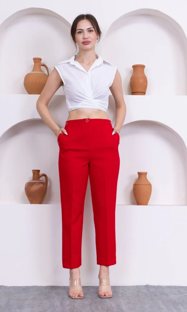 Düğme Detaylı Beli Lastikli Bilek Boy Pantolon 351-Kırmızı