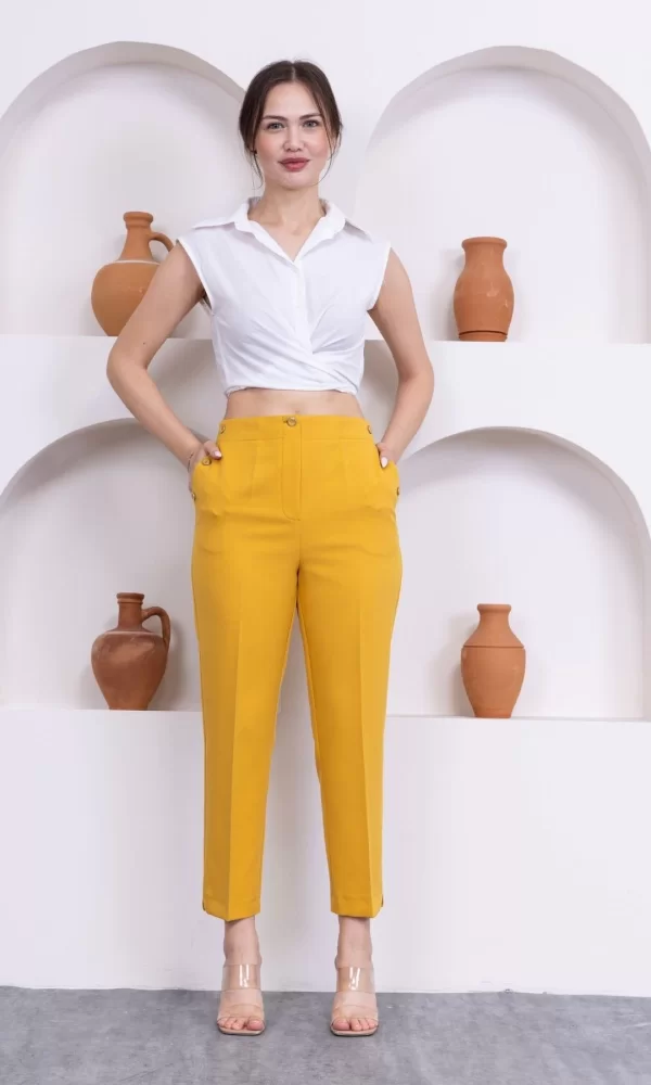 Düğme Detaylı Beli Lastikli Bilek Boy Pantolon 351-Sarı