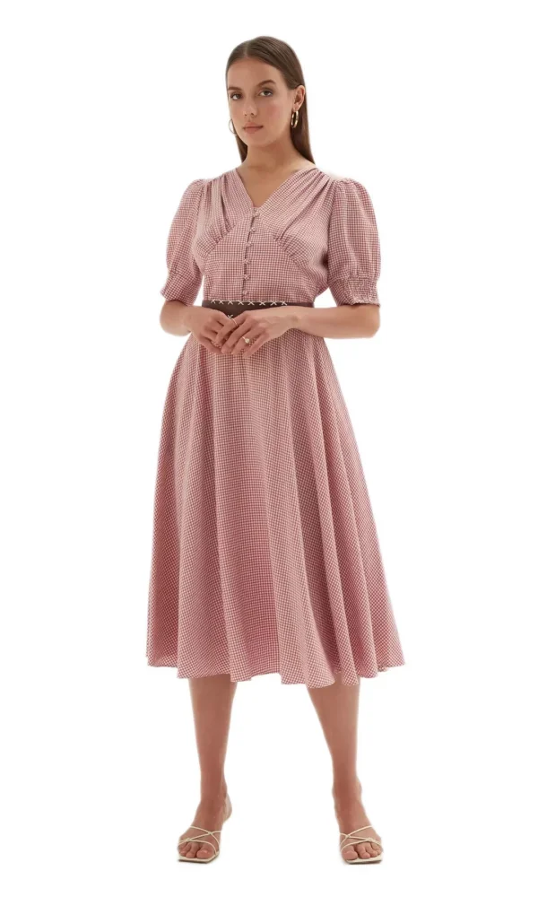 Düğme Detaylı Beli Lastikli Elbise 1777-Gül Kurusu