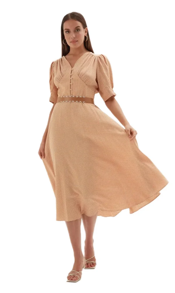 Düğme Detaylı Beli Lastikli Elbise 1777-Sarı