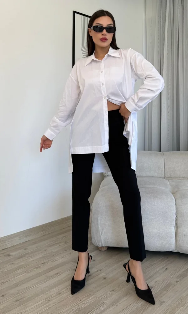 Düğme Detaylı Poplin Gömlek 6014-Beyaz