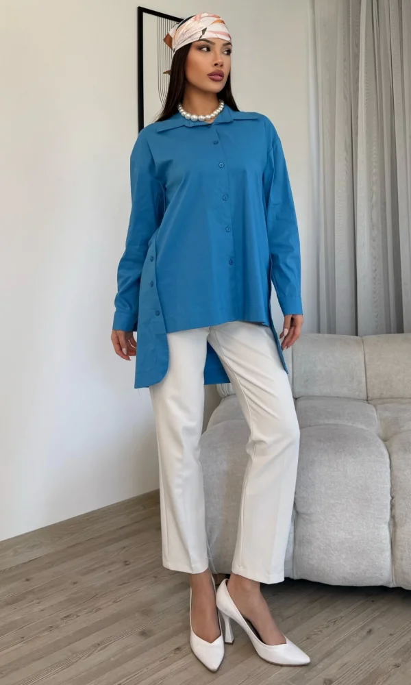 Düğme Detaylı Poplin Gömlek 6014-Mavi