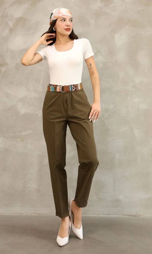 Etnik Desen Kemerli Gabardin Kumaş Pantolon 6176-Haki