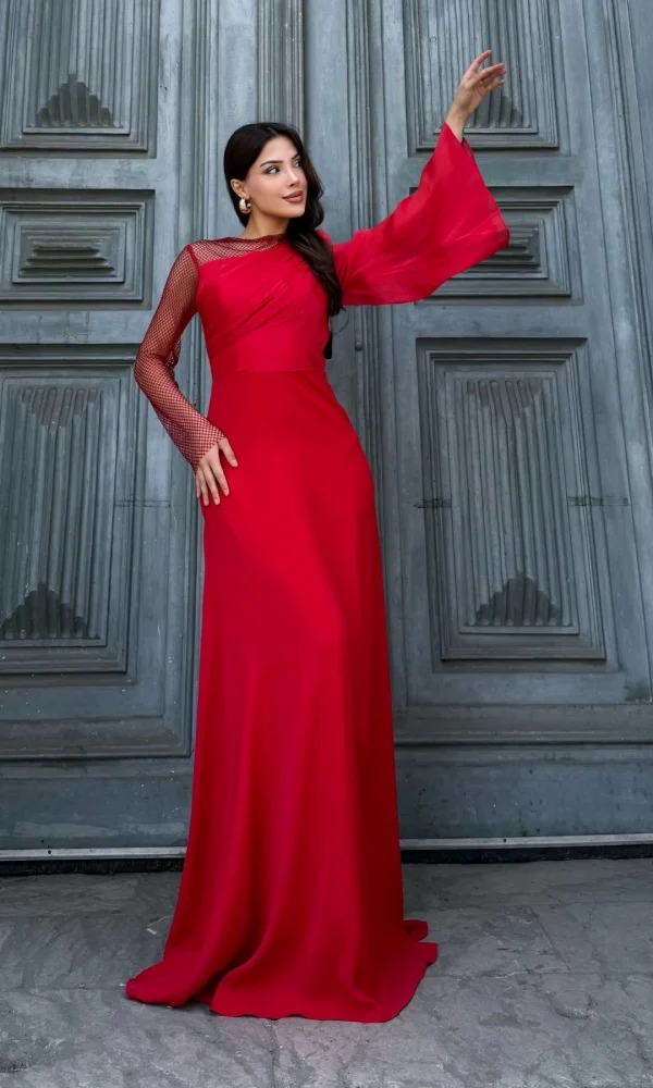 File Detaylı Abiye Elbise 2337-Kırmızı