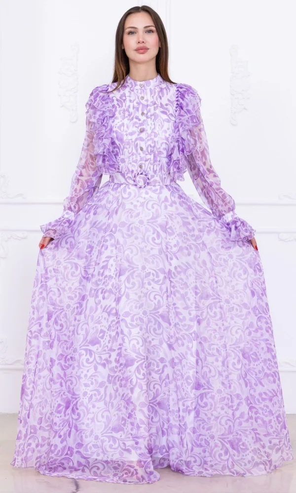 Fırfır Detaylı Önü Piliseli Boncuk İşlemeli Şifon Abiye 2734-Lila