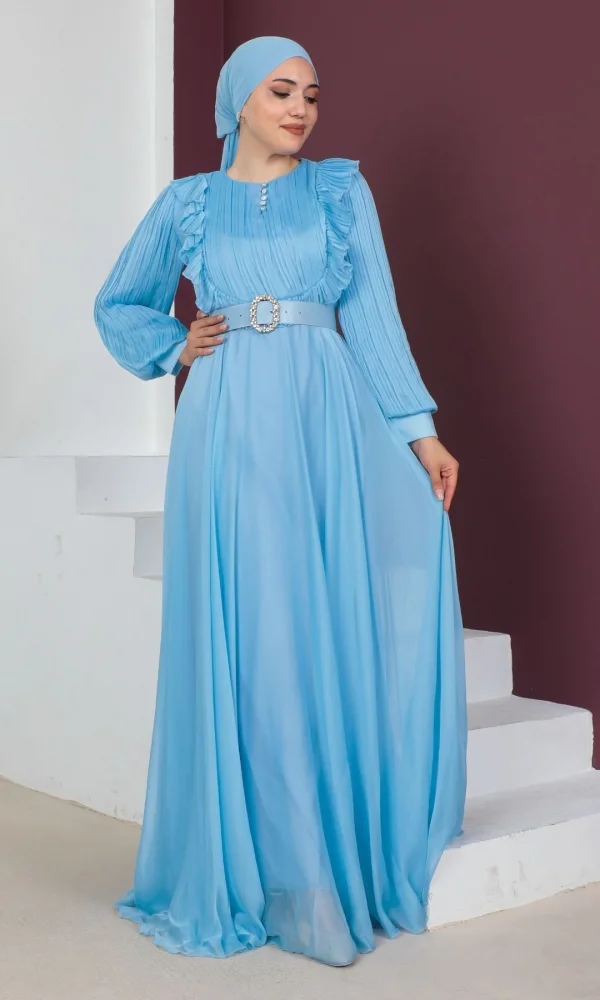 Fırfır Detaylı Pliseli Tesettür Abiye Elbise 760-Mavi