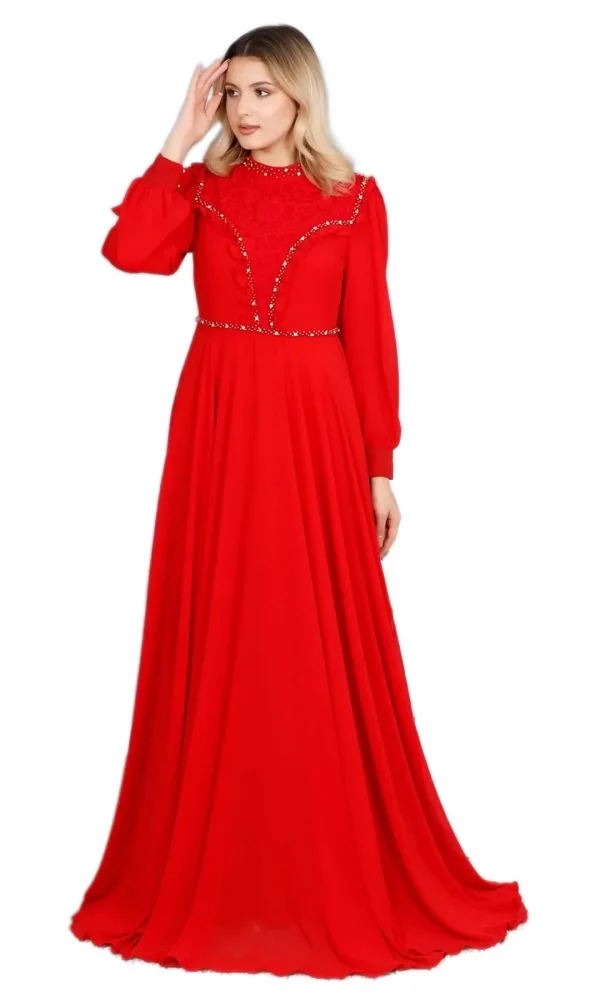 Fırfır Ve Dantel Detaylı Tesettür Abiye Elbise 726-Kırmızı