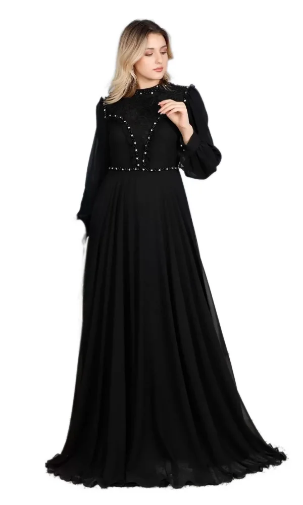Fırfır Ve Dantel Detaylı Tesettür Abiye Elbise 726-Siyah