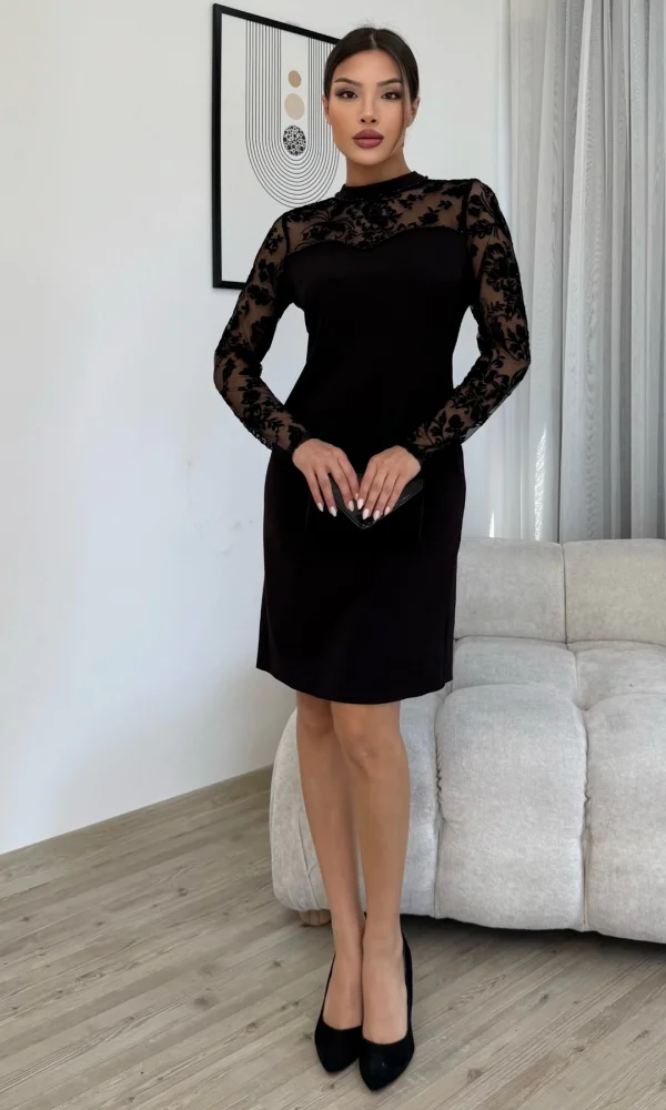 Flok Baskılı Boncuk İşlemeli Elbise 6023-Siyah